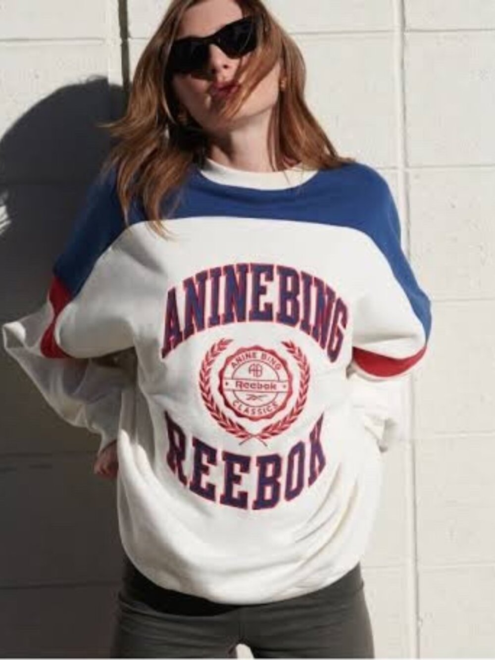 Anine Bing x Reebok Oversized Crew Sweatshirt Chalk Navy Red Womens 2XS NWT